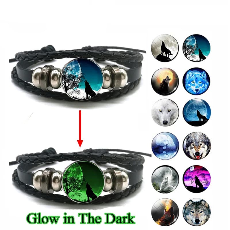 Bracciale con testa di lupo che si illumina al buio, bracciale in pelle multistrato, ciondolo, moda donna uomo, bracciali luminosi, gioielli con lupo
