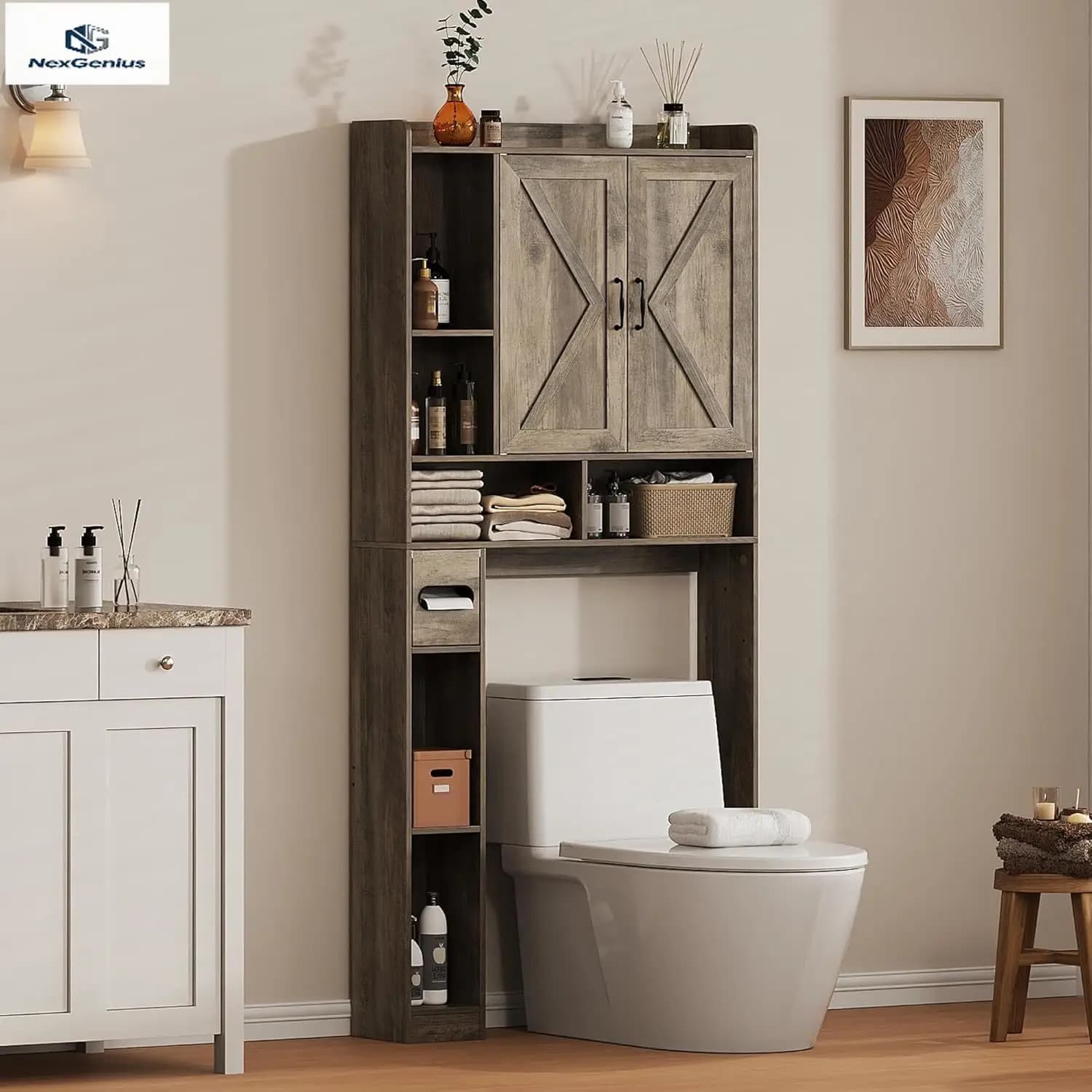 Mobiletto Salvaspazio Sopra WC Grigio 311 W, Organizzatore Bagno con Doppie Ante, Scaffale Sopra WC, Porta Carta Igienica Rimovibile, Lavanderia