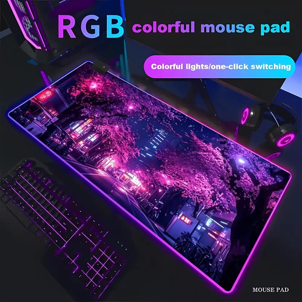 Tappetino per mouse RGB Japanese Street Purple Sakura Accessori per ufficio Tappetino protettivo per scrivania HYBXAXC Decorazione per sala giochi Gamepad
