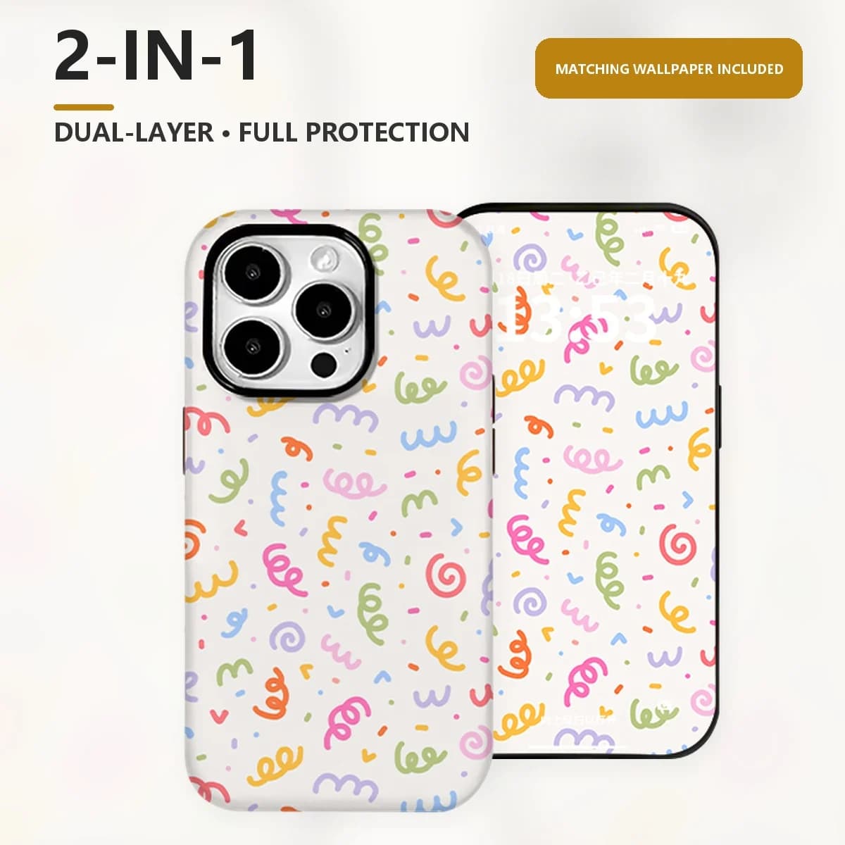 Cute Colorful Squiggles Pattern Phone Case for iPhone 17 16 15 14 Pro Max Plus Mini iPhone Air 2-in-1 Dual-Layer PC TPU Cover
