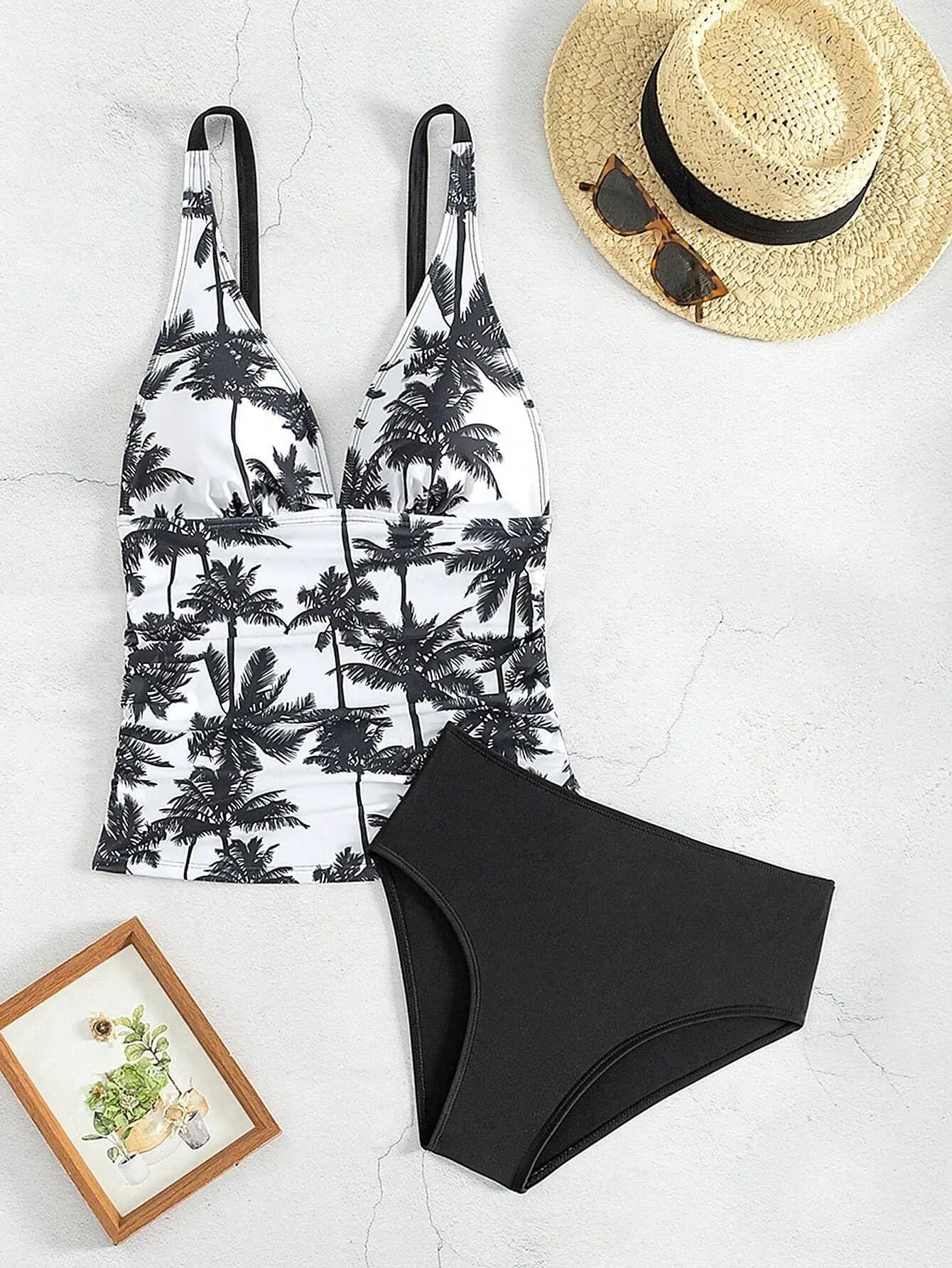 Set costume da bagno tankini in 2 pezzi con stampa di palme, bikini a vita alta, costume da bagno per vacanze al mare