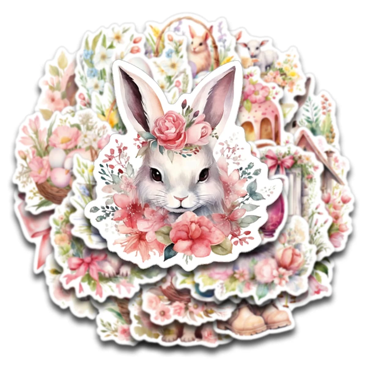 30 adesivi rosa del villaggio di Pasqua, coniglietti e uova con decalcomanie di design floreale per bottiglie, album di ritagli, decorazioni regalo, decorazioni natalizie