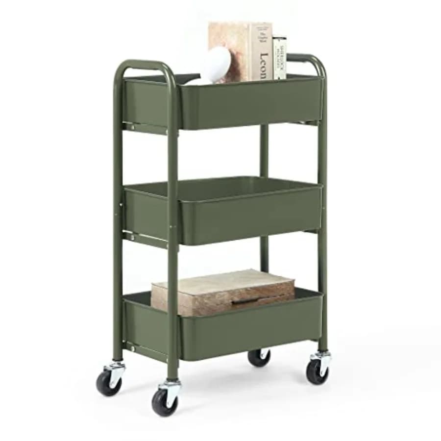Carrello portaoggetti in metallo a 3 livelli, compatto e delicato, con ruote - Carrello multiuso mobile per cucina/sotto scrivania - Colore Army