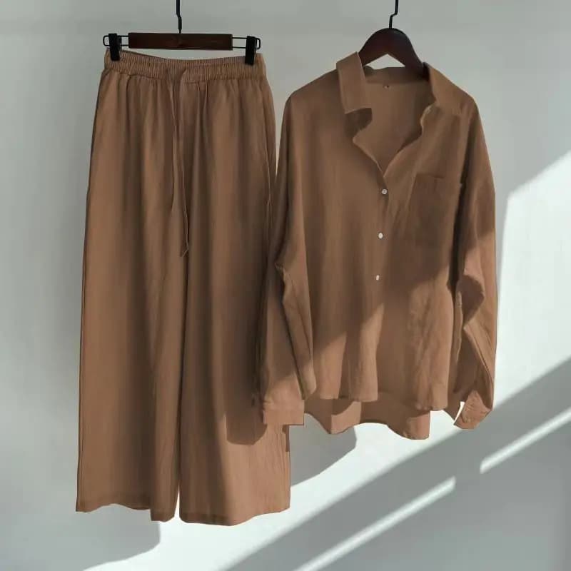 Women's Two Piece Women's Spring Casual Shirt Long Sleeves + Wide Leg Pants Set for Women's Casual Women's loose summer dress