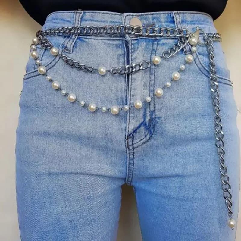 Catena da vita in metallo multistrato con perle, stile europeo e americano, per jeans e gonne lunghe, con pendente a sfera piccola, gioiello da donna