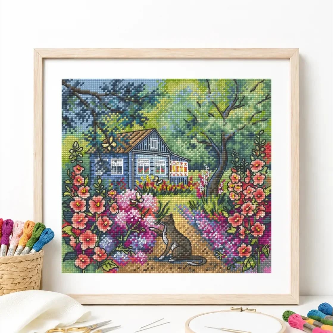 [CC6084-Country Cat]Stamped Cross Stitch Kit for Adults and Kids, Easy Pre-Printed Canvas with Cotton Threads and Needles, Handm