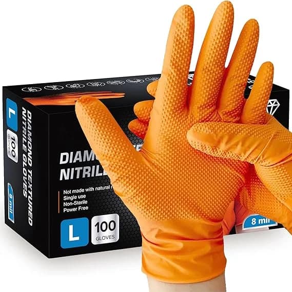 Guanti in nitrile da 50 pezzi Guanti monouso industriali arancioni resistenti da 8 milioni con impugnatura strutturata a diamante Lavoro di sicurezza meccanico