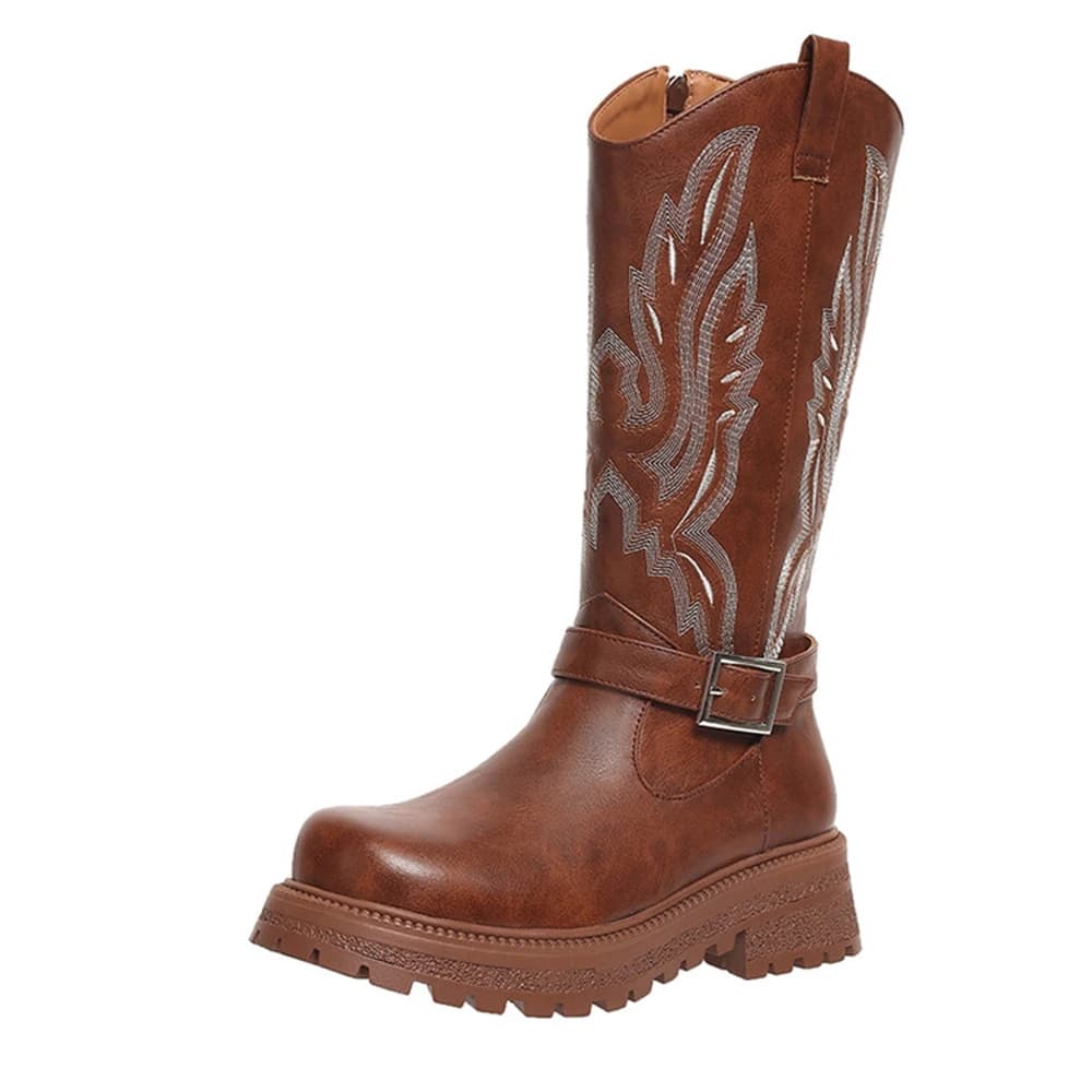 Stivali alti al ginocchio da donna Tacco spesso Punta tonda Cerniera interna impermeabile Ricamo Piattaforma comoda Stivali da cowboy occidentali 862-8