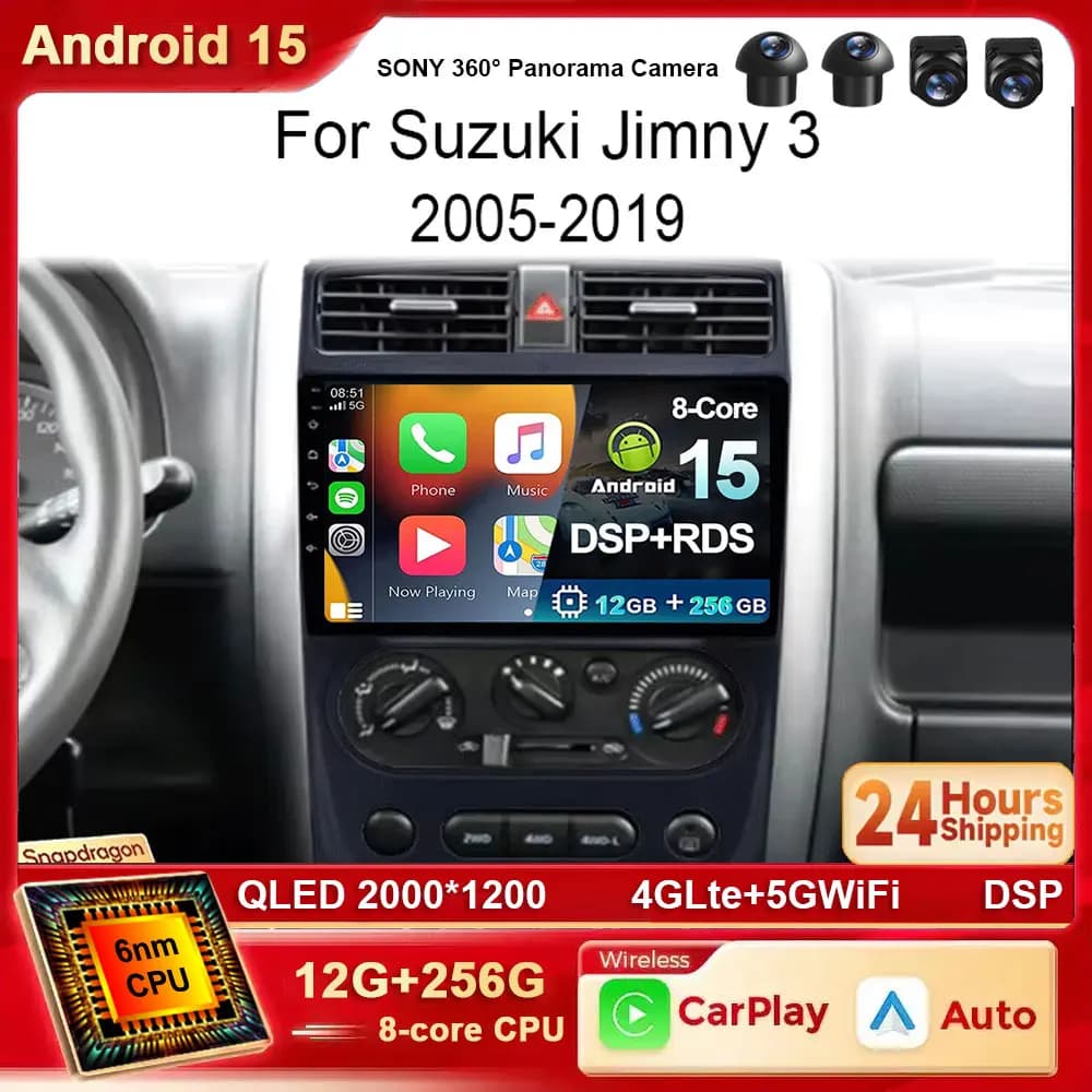 Android 15 Per Suzuki Jimny 3 2005-2019 Carplay Auto Radio Stereo Multimedia Schermo di Navigazione Console WIFI 4G BT DSP DVD 2 DIN