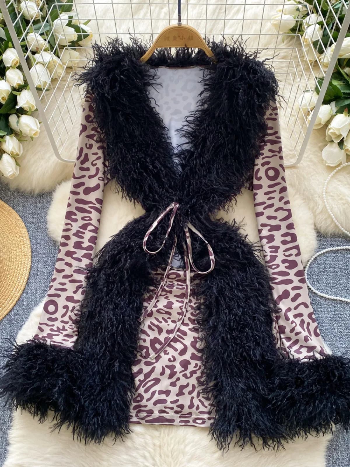 Abito Corto Sexy a Vita Alta con Stampa Leopardata, Vestito Aderente da Donna, Gonna a Linea A Snellente, Stile Coreano, Abito a Maniche Lunghe di Media Lunghezza
