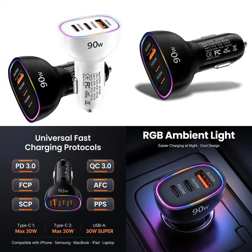 Multi Port 90W Car Charger Super Fast Charging Dual PD 30W Type C USB A 30W Adapter for Laptop MacBook PPS QC3.0 RGB LED 12V 24V