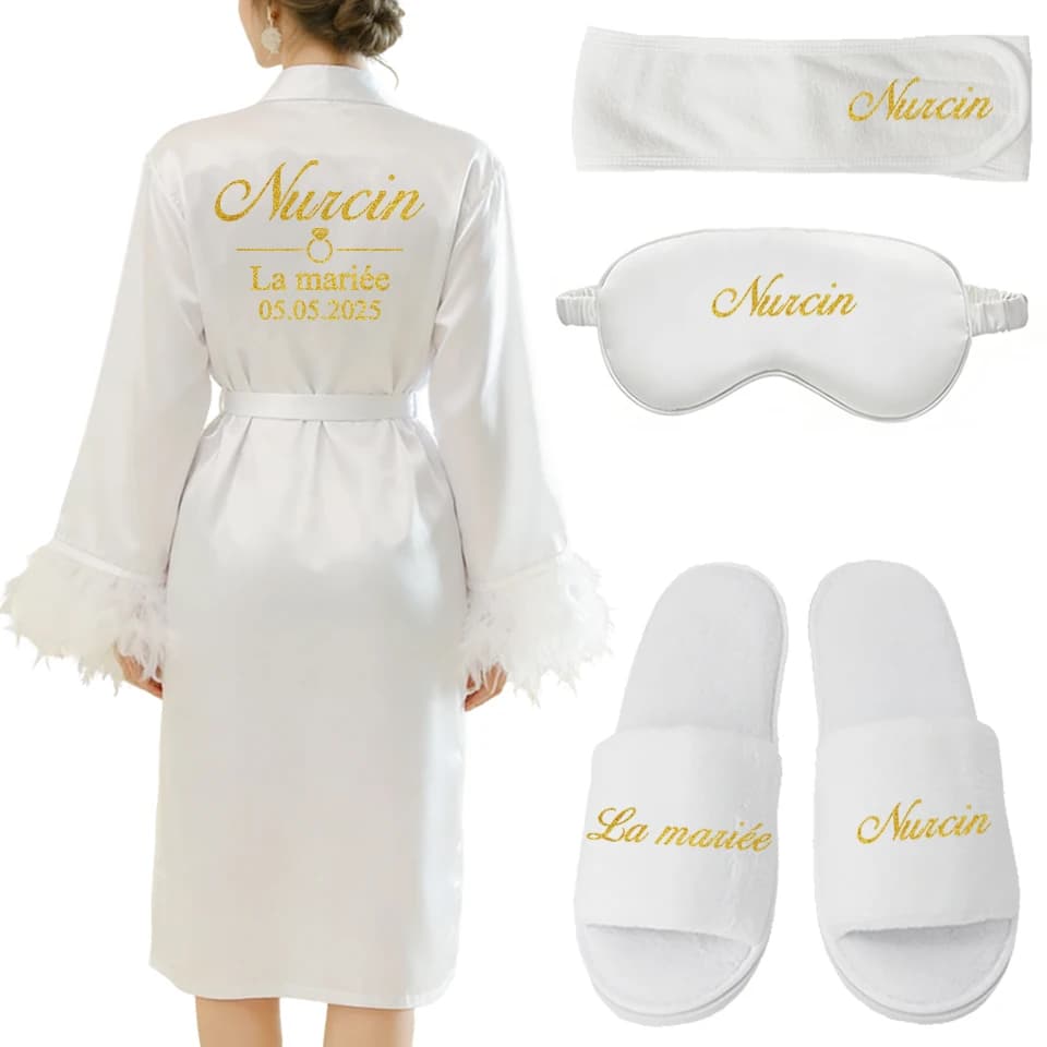 Set di Accappatoi Eleganti con Piume Personalizzati con Nome, Data e Logo per Sposa, Regalo per Compleanno o Festa Nuziale