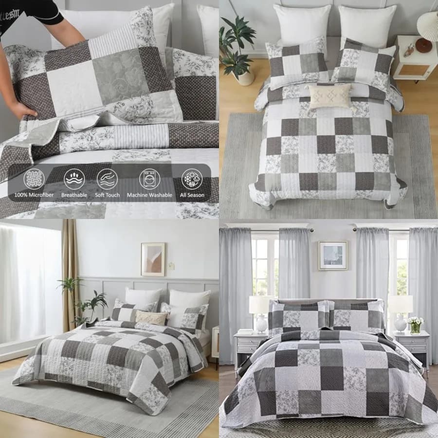 Set Copriletto Floreale Patchwork a Quadri, Trapunta Reversibile Leggera Moderna, Copriletto Nero a Quadri