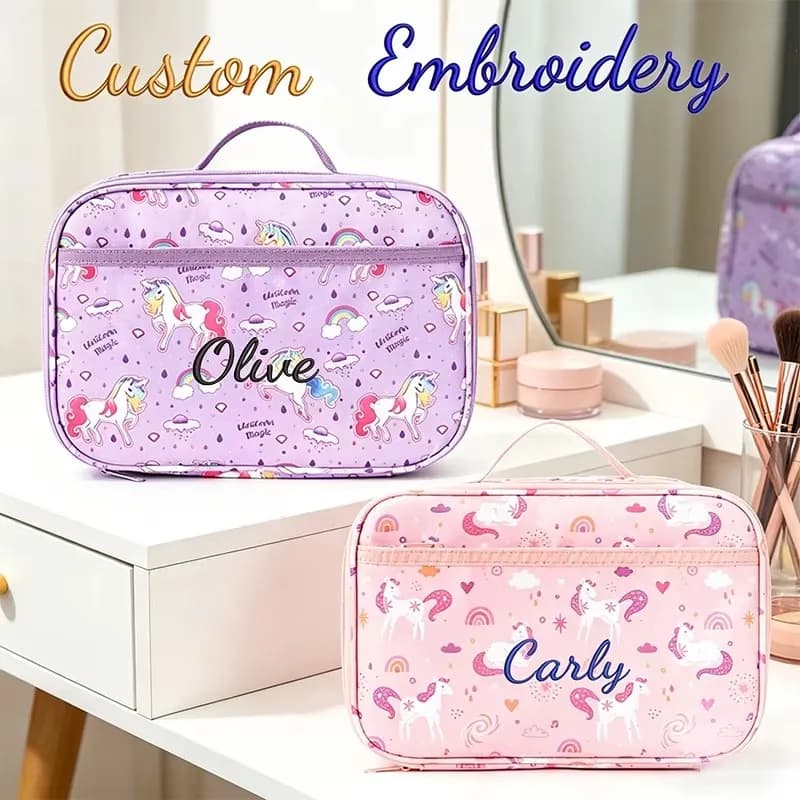 Custom Embroidery Kids Insulated Lunch Bag Unicorn Print Portable Thermal Bento Cooler Tote School Picnic Lunch Box Bag Gifts