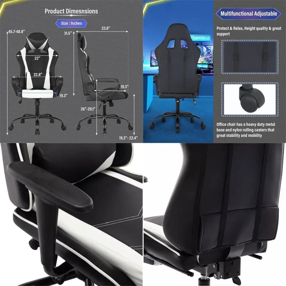 Sedia da gaming ergonomica regolabile, nera e bianca, supporta 250 libbre, stile moderno