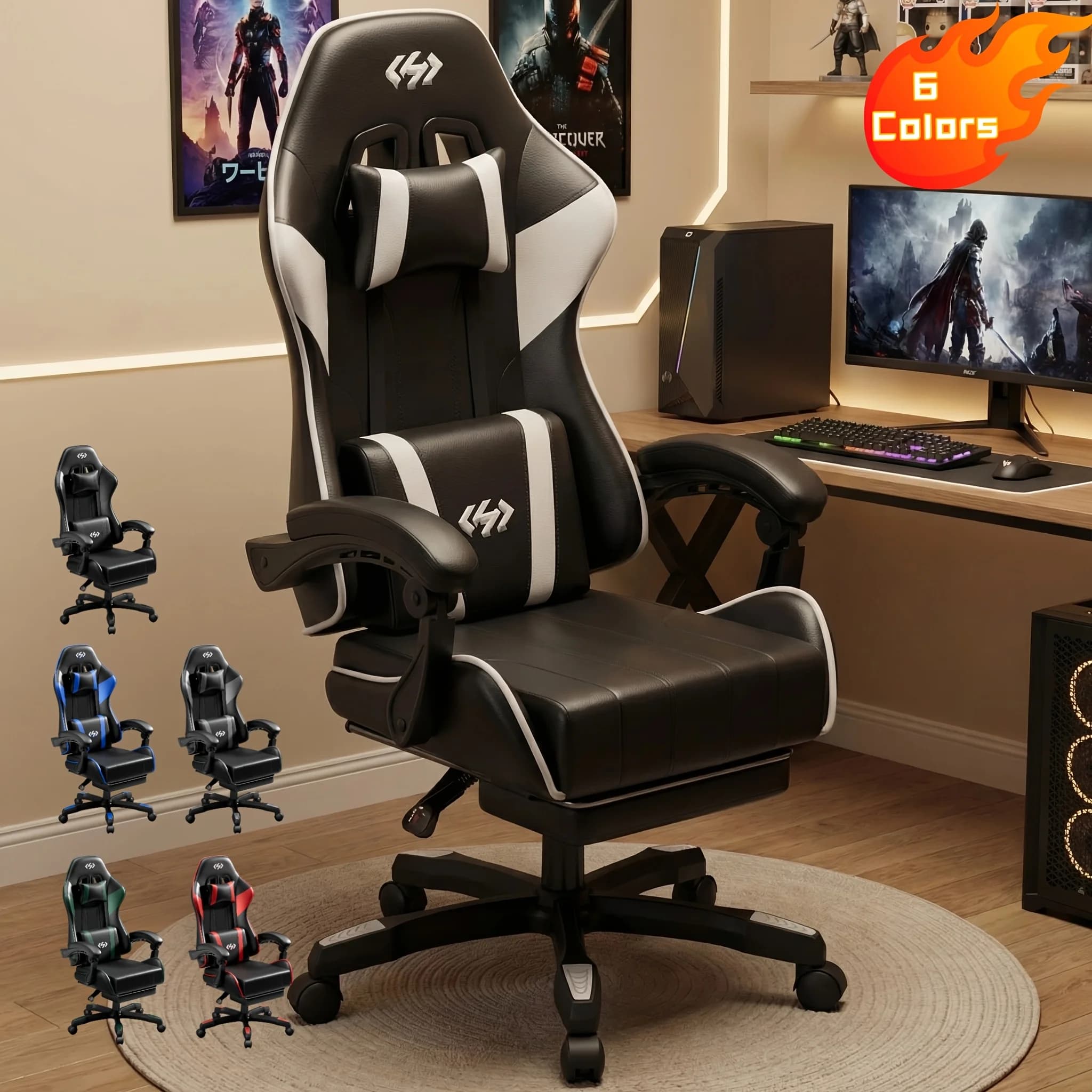 Sedia da Gaming Ergonomica con Cuscino a Molla, Poggiapiedi Retrattile, Poggiatesta e Supporto Lombare, Sedia Girevole in Pelle PU per Ufficio e Gaming LODEIJA