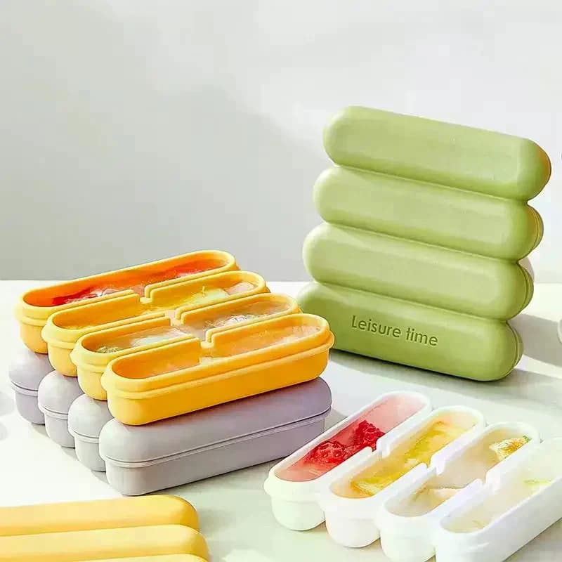 Vassoio per ghiaccio in silicone riutilizzabile a 4 scomparti con coperchio, stampo per ghiaccioli fai da te, contenitore per alimenti da congelare per stampi e accessori da frigorifero