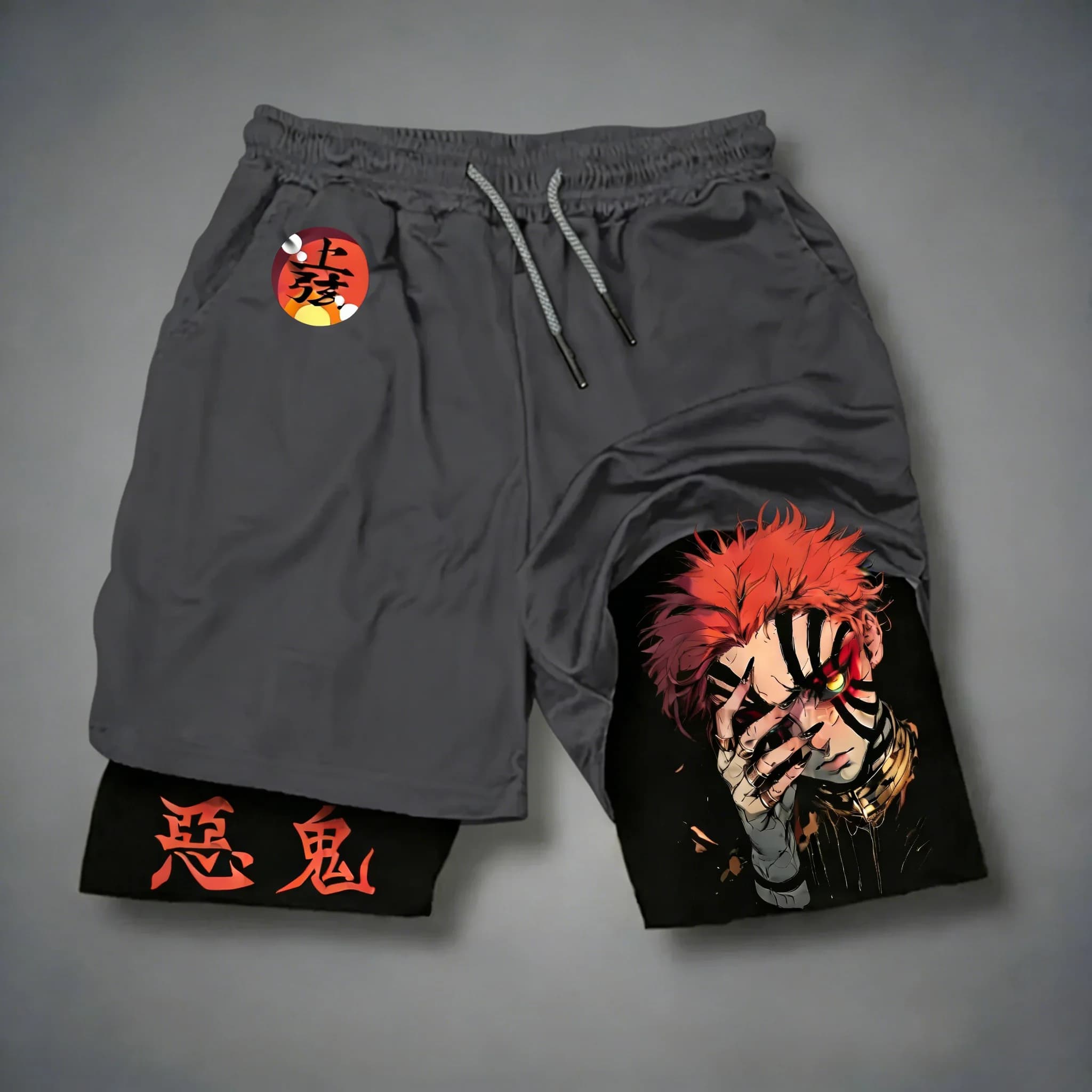 Pantaloncini 2-in-1 Traspiranti Demon Slayer Anime Akaza, Nuovi Modelli Estivi 2026 per Uomo e Donna, Ideali per Corsa, Sport e Fitness