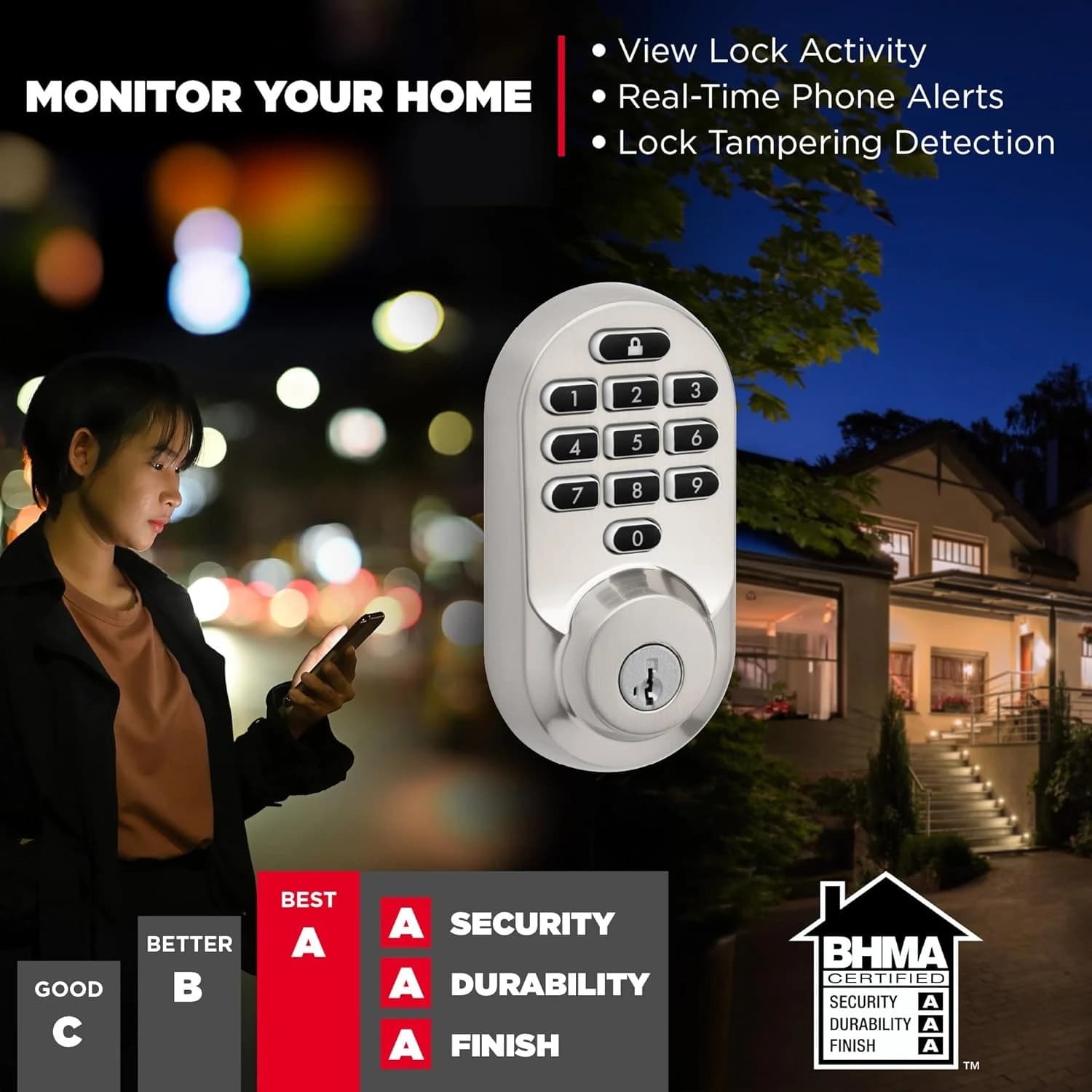 Smart Lock Wi-Fi, Catenaccio per porta d'ingresso senza chiave, Sblocco automatico Geofence, Certificato di grado AAA, Nessun hub Facile installazione