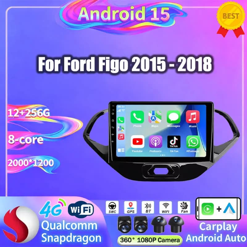 Autoradio Android 15 con Carplay Wireless e Android Auto per Ford Figo 2015-2018, Lettore Multimediale Video, Stereo, Navigazione GPS, WIFI