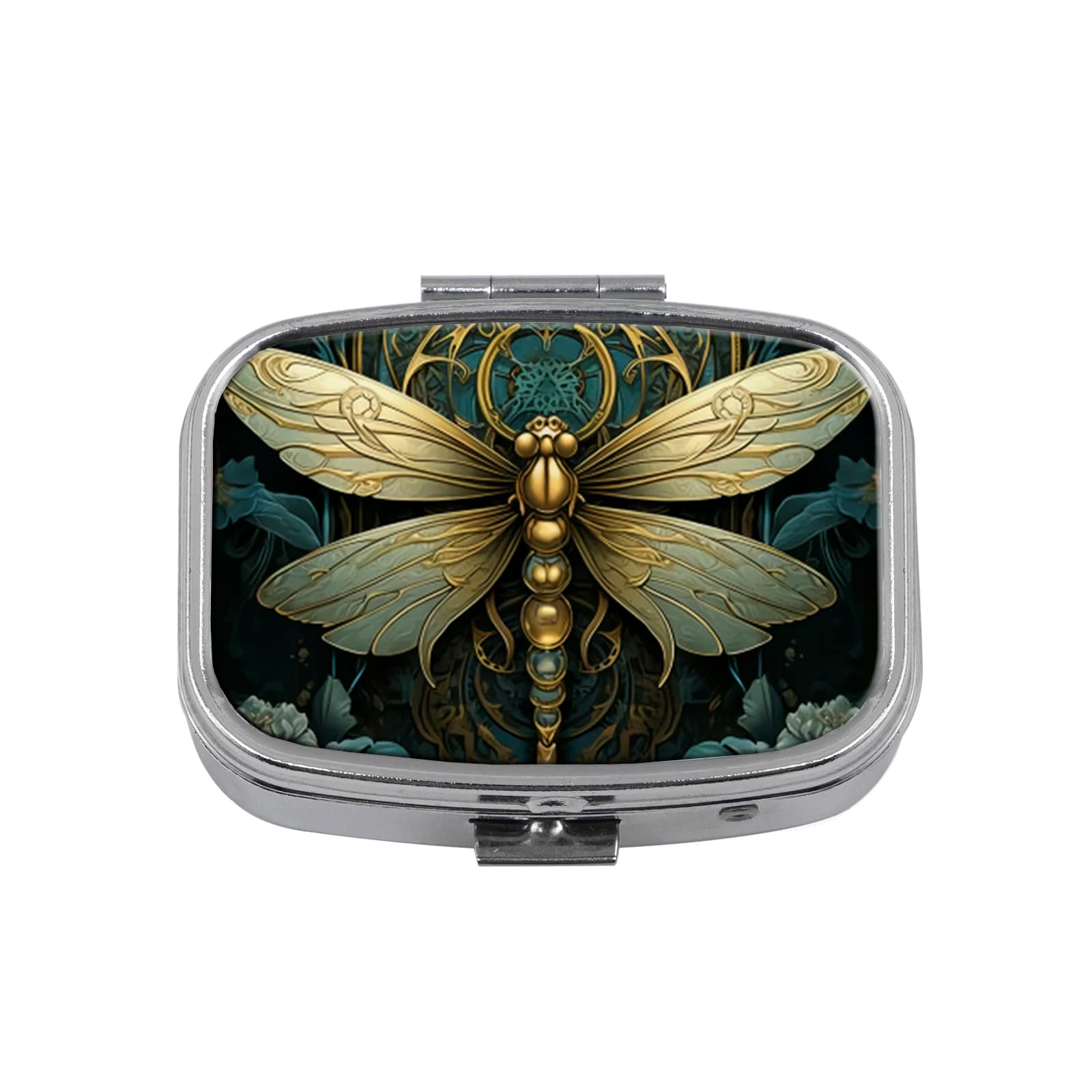 Portable 2 Grid Metal Pill Case, Retro Golden Dragonfly Printed Pocket Pill Box Mini Travel Vitamin Medicine Holder