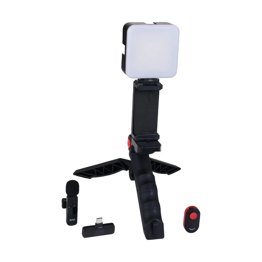 Portable LED Video Light Kit with Tripod Grip Smartphone Holder and Bluetooth Remote for Vlogging Streaming and Photography