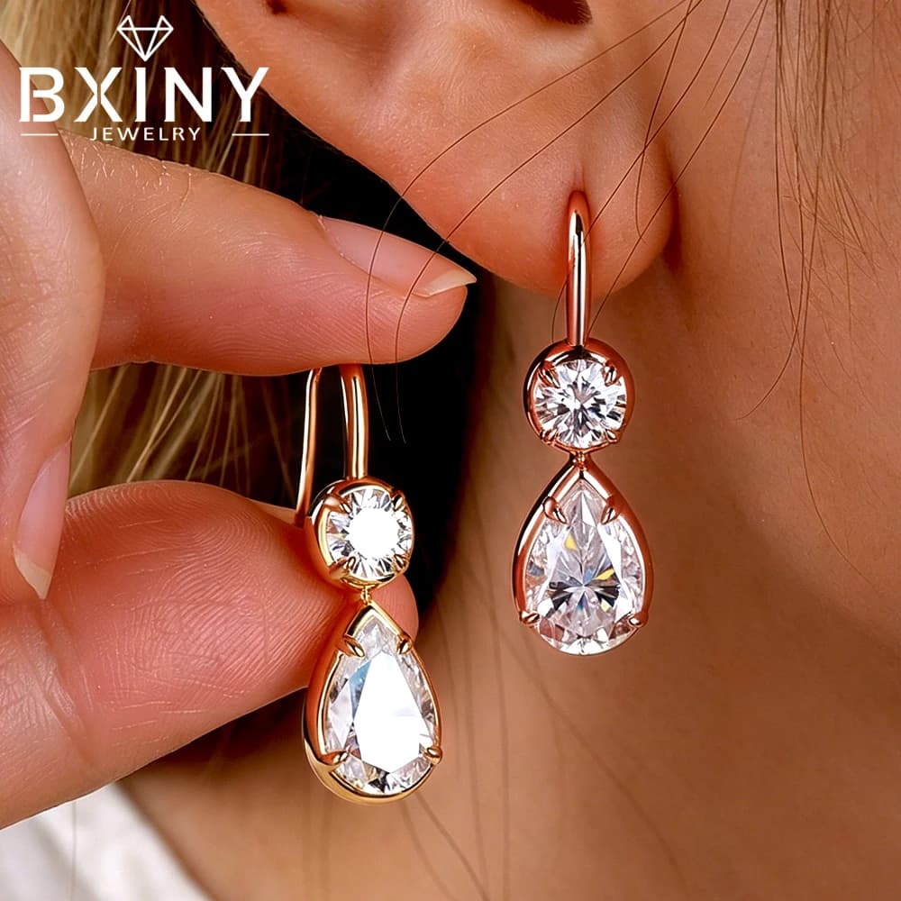 BXINY WaterDrop All Moissanite Hook Earrings S925 Silver for Women Pear Cut Diamond Elegant Bridal Dangle Ear Studs Gift Jewelry