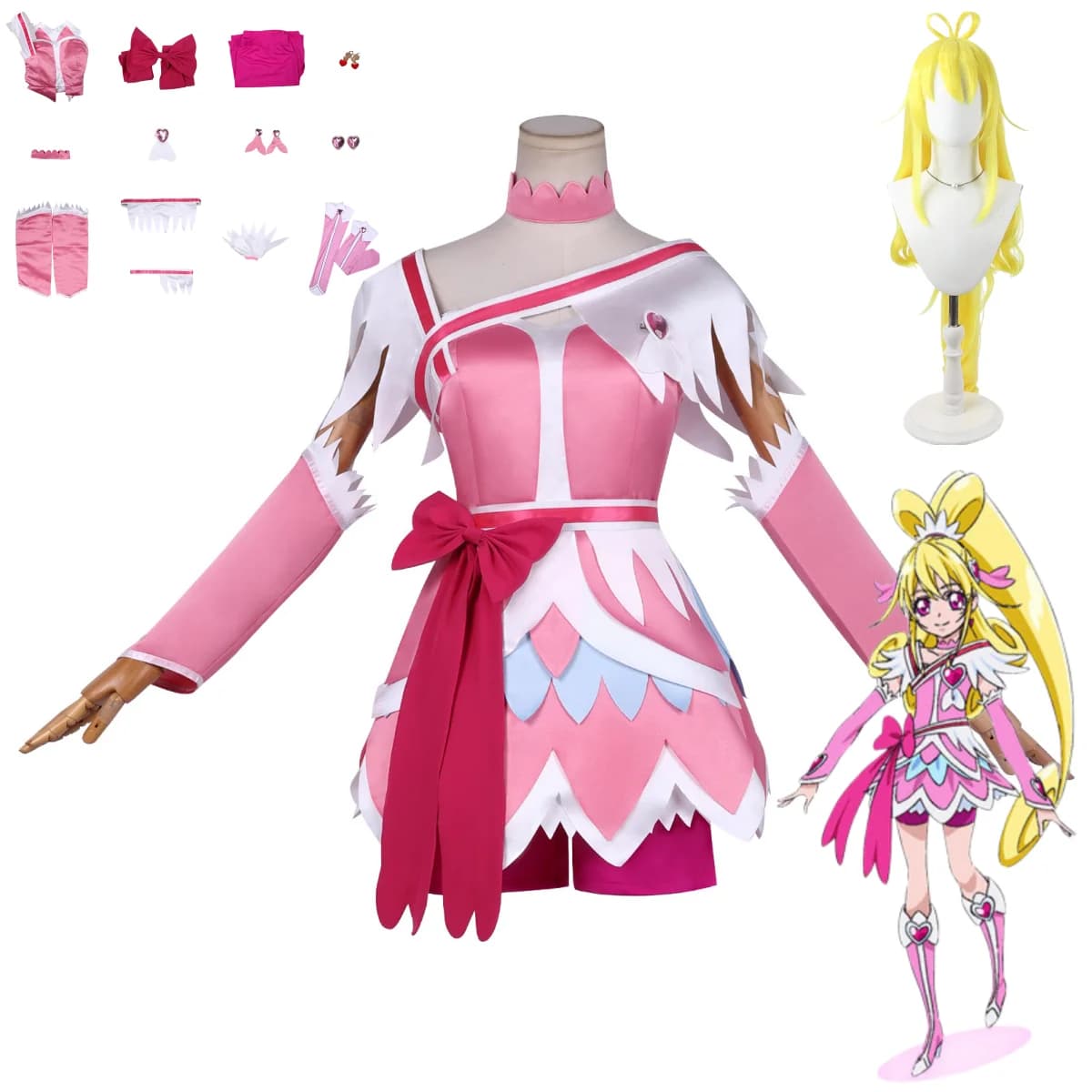 Anime Doki Doki! Costume Cosplay PreCure Cure Heart, Gonna Lolita Rosa Pretty Cure, Parrucca, Abito Sexy da Donna per Carnevale e Halloween