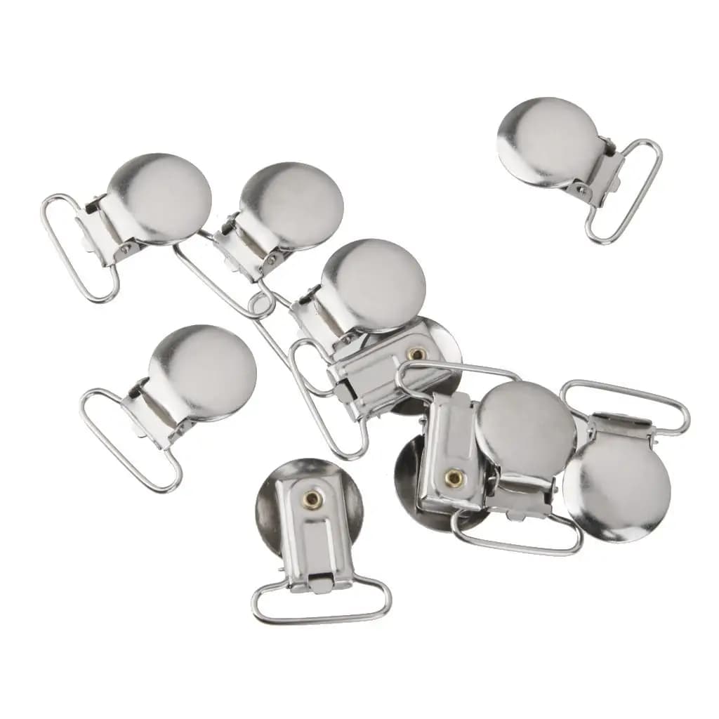 10 Pieces Silver Pacifier Clips - 25mm Round Clasp with Internal Loop for Suspenders and Clamps for Baby Bibs
