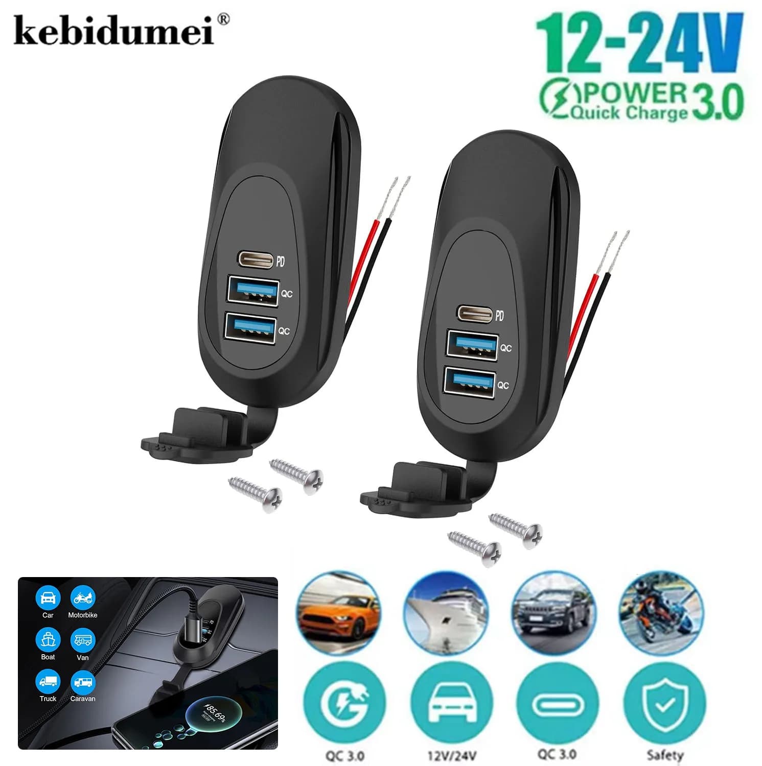 Caricatore da auto a 3 porte 12V-24V con uscita USB, Type-C PD3.0, doppio QC3.0, adattatore caricabatterie rapido da pannello per montaggio a parete per camper, barche e autobus