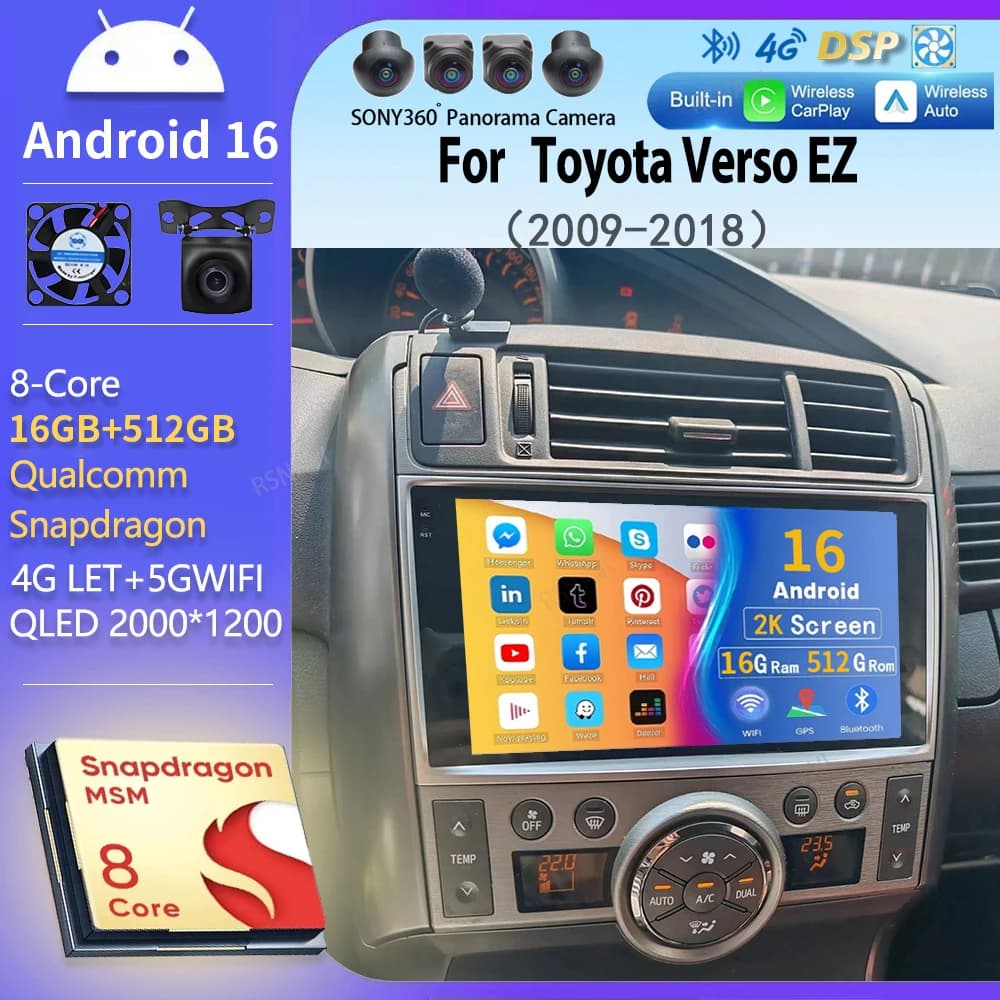 Android 15 wifi + 4G Carplay Autoradio For Toyota Verso EZ 2009-2018 GPS Navigation Video Stereo Multimedia DSP BT DVD