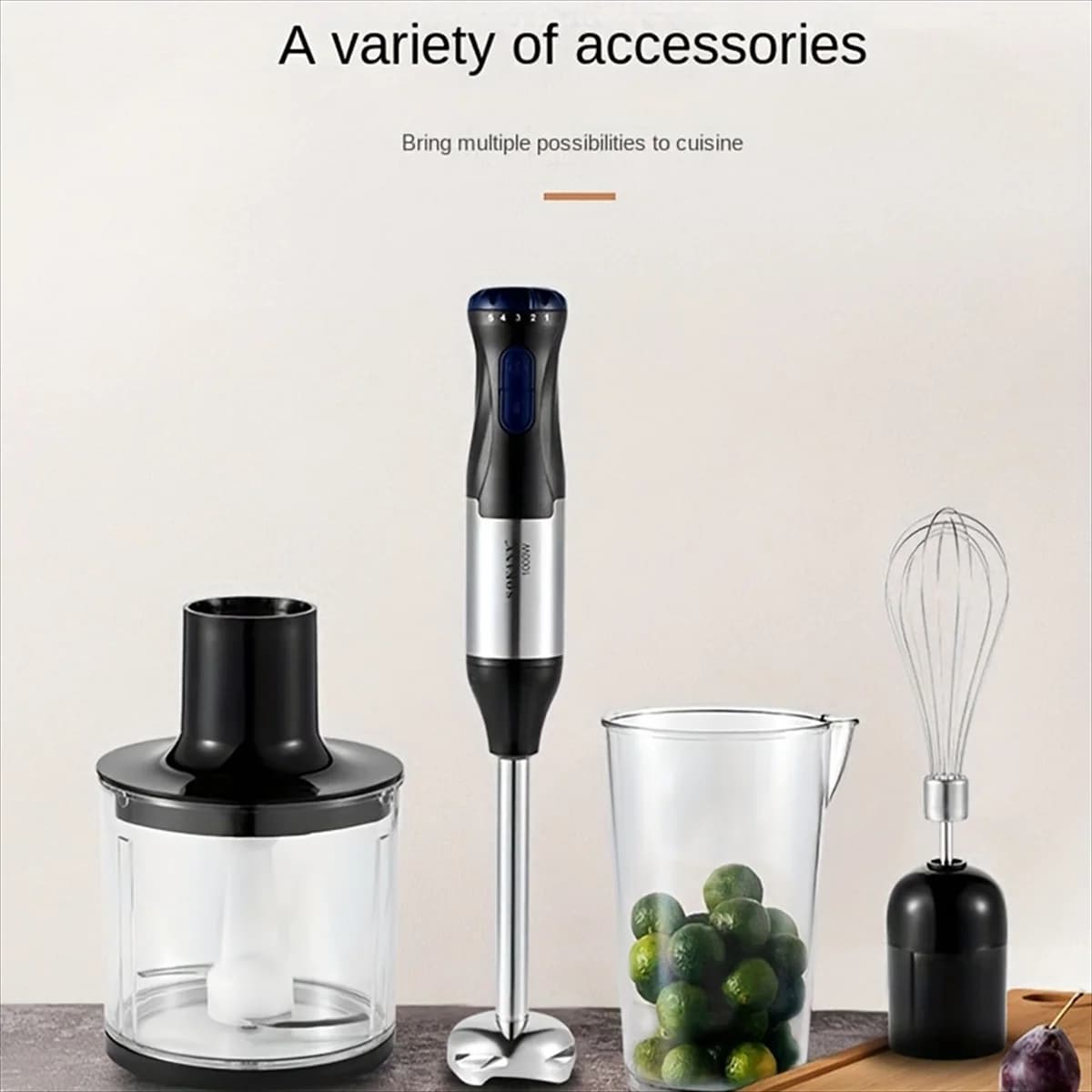 Set frullatore portatile 4 in 1 da 1000 W, miscela ad immersione, inclusa stick multifunzione, frusta, tritatutto e bicchiere, per la lavorazione degli alimenti