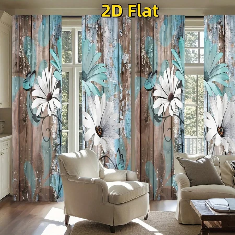 2D Flat 4Pcs Daisy Butterfly Curtain Panels, Rustic Weathered Blue Wood Plank Background Design, Rod Pocket Drapes, Light