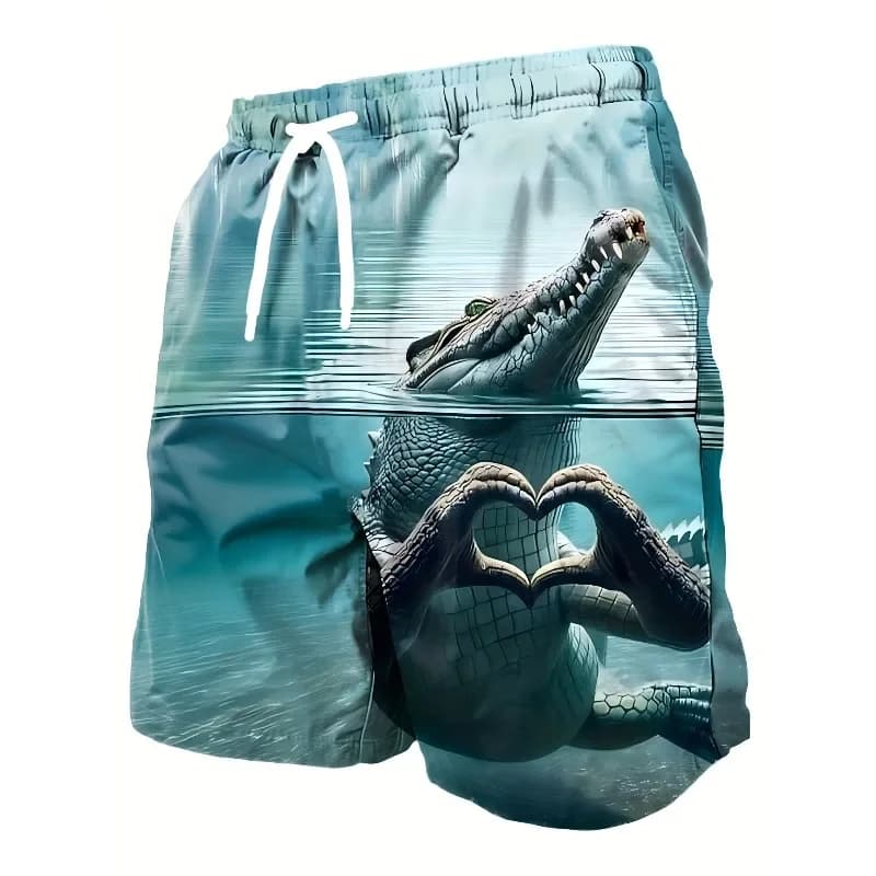 Pantaloncini da Spiaggia Estivi da Uomo con Stampa 3D Alligatore - Leggeri in Poliestere, Adatti per Basket e Casual con Cordoncino