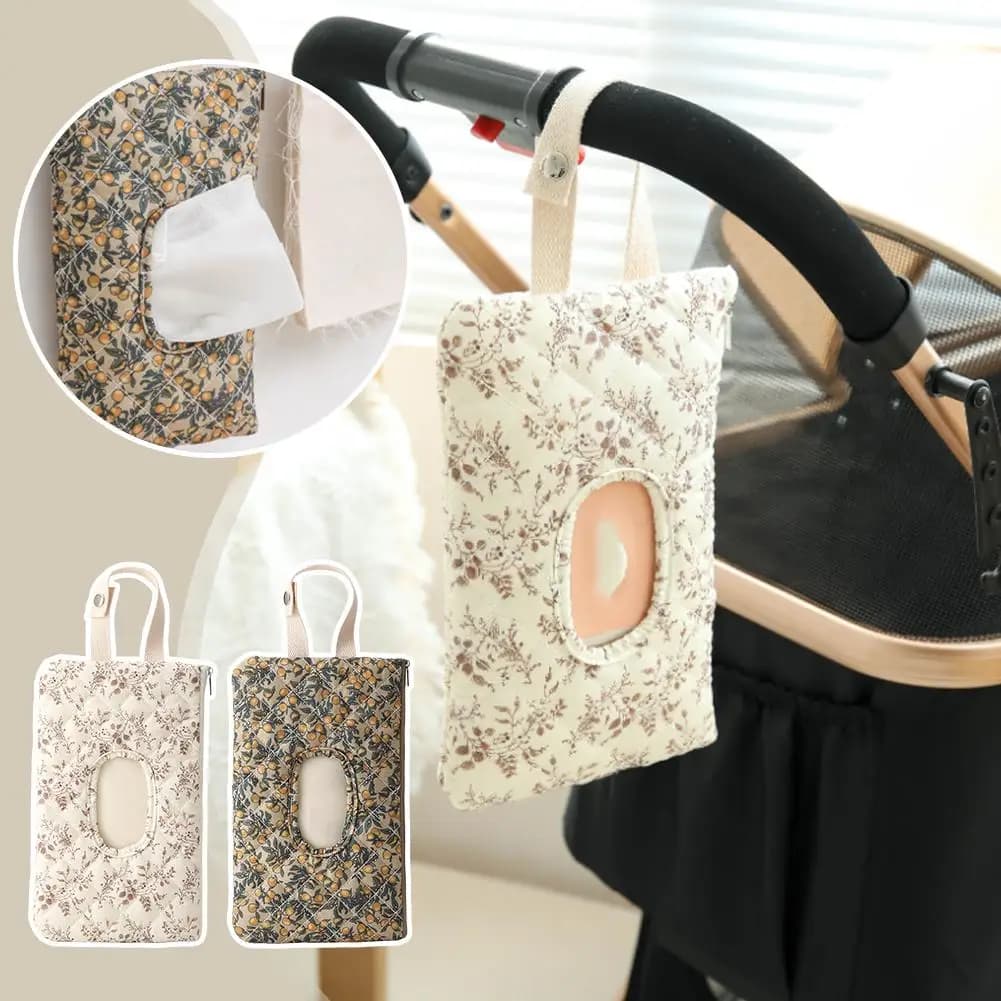 Borsa Portatile da Appendere al Passeggino, Porta Salviette Riutilizzabile in Tela Floreale Trapuntata, Dispenser per Salviette per Bambini, Scatola Portaoggetti Rimovibile