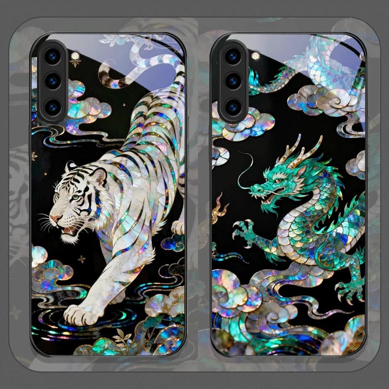 Stylish Cover for Tempered Glass Phone with Print Effet Marmo Tiger and Dragon for Samsung Galaxy S25 Ultra S24 S23 Plus S22 S21 FE