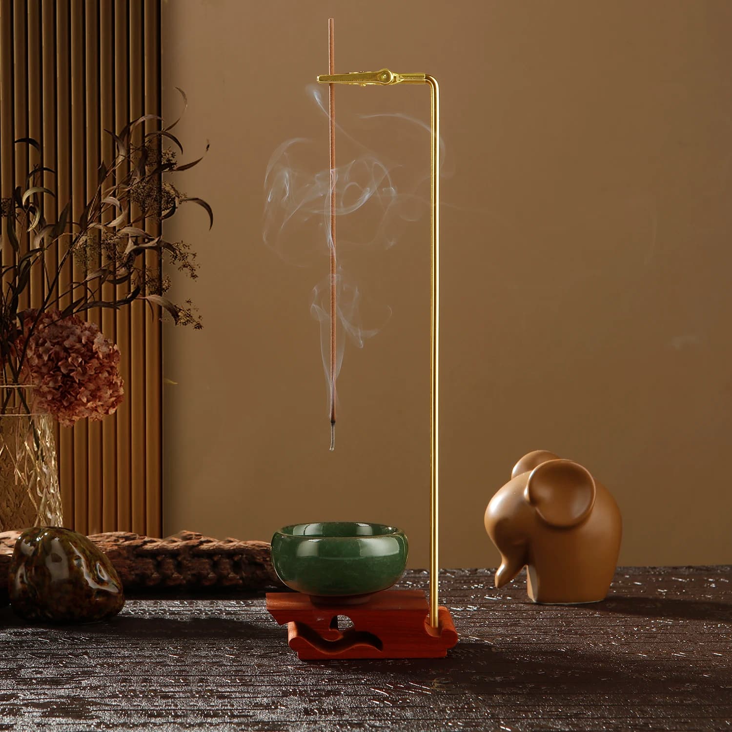 Portaincenso in palissandro per bastoncini Bruciatore di incenso capovolto con raccoglitore di cenere in ceramica Forniture per buddismo Decorazioni per la casa