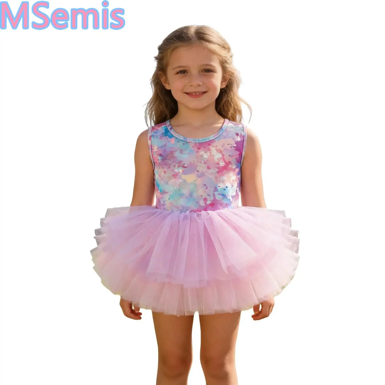 Vestito da ballo per bambine con stampa, senza maniche, in tulle, con slip integrato, per pratica e performance di danza classica