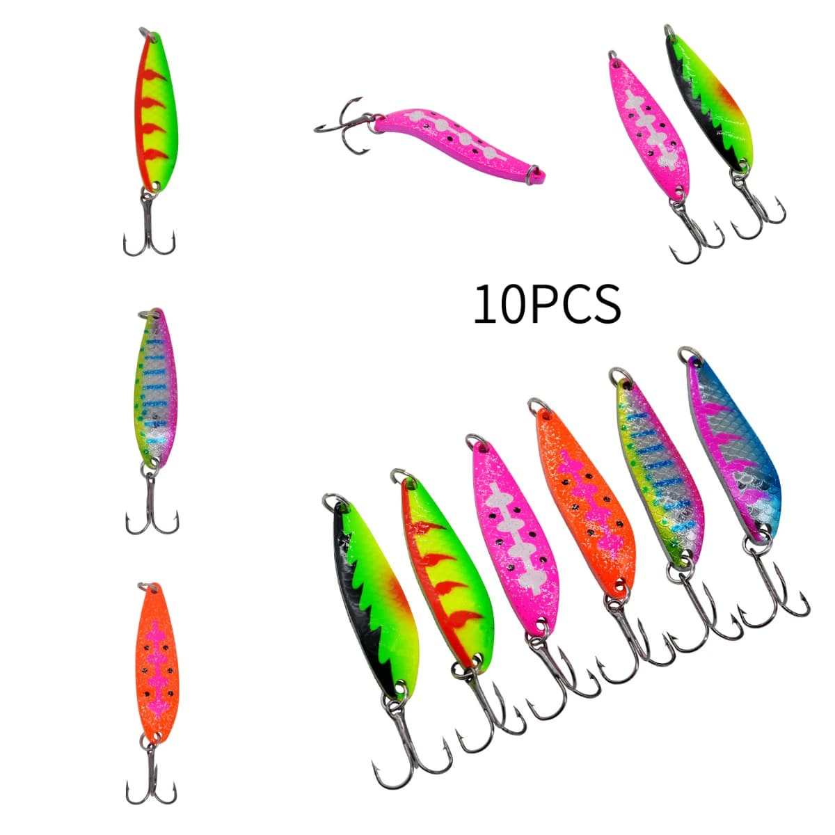 10‑piece Colorful Spoon‑shaped Lures For Lure Fishing. Each Weighs 10 Grams And Measures 2.01 Inches In Length. These Are Curved‑surface Artificial Baits For Trout And Bass.