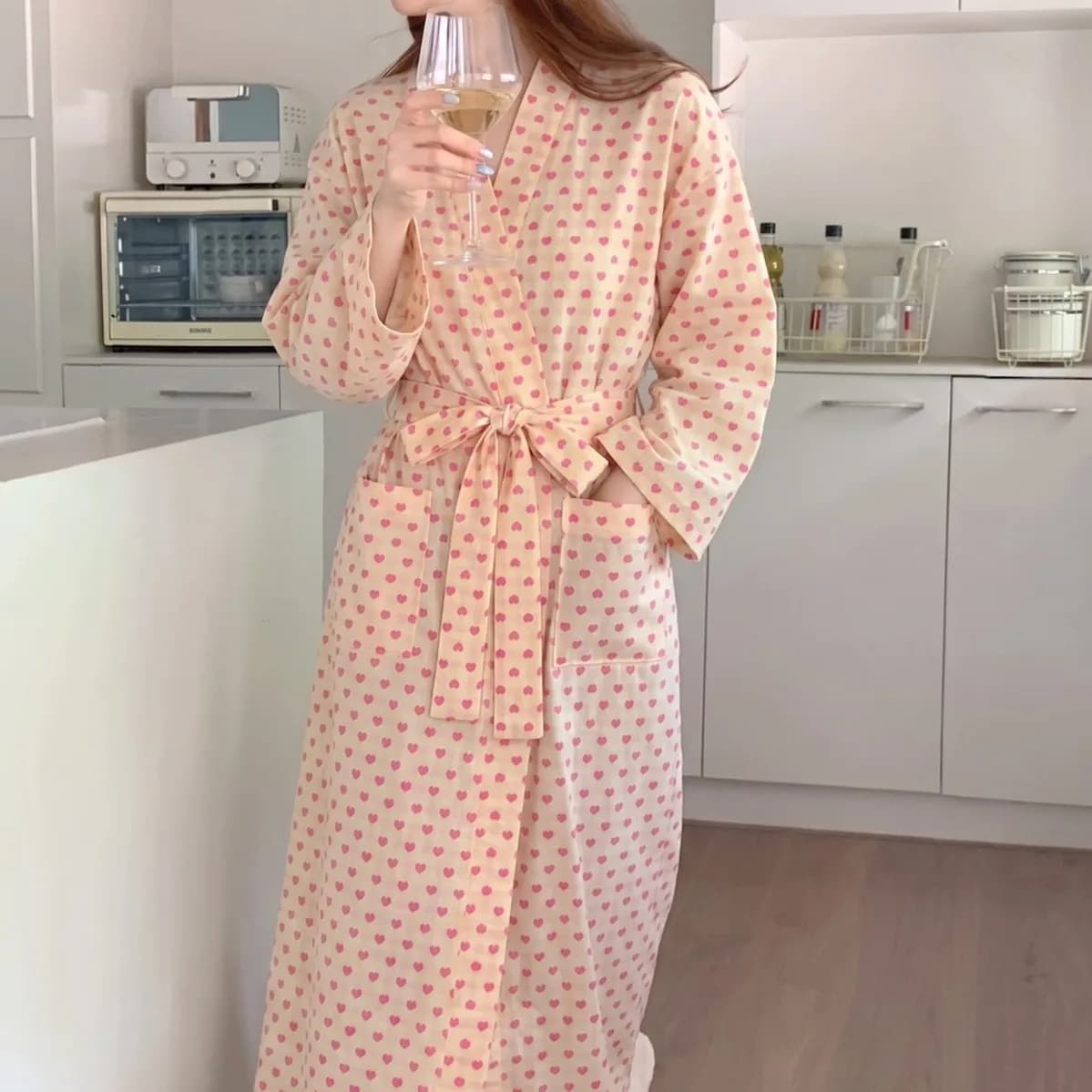 Spring and Summer Sexy Women's Chenyi Bathrobe Women's Checkered Love Loose Robe V-neck Long Sleeve Home Sleepwear