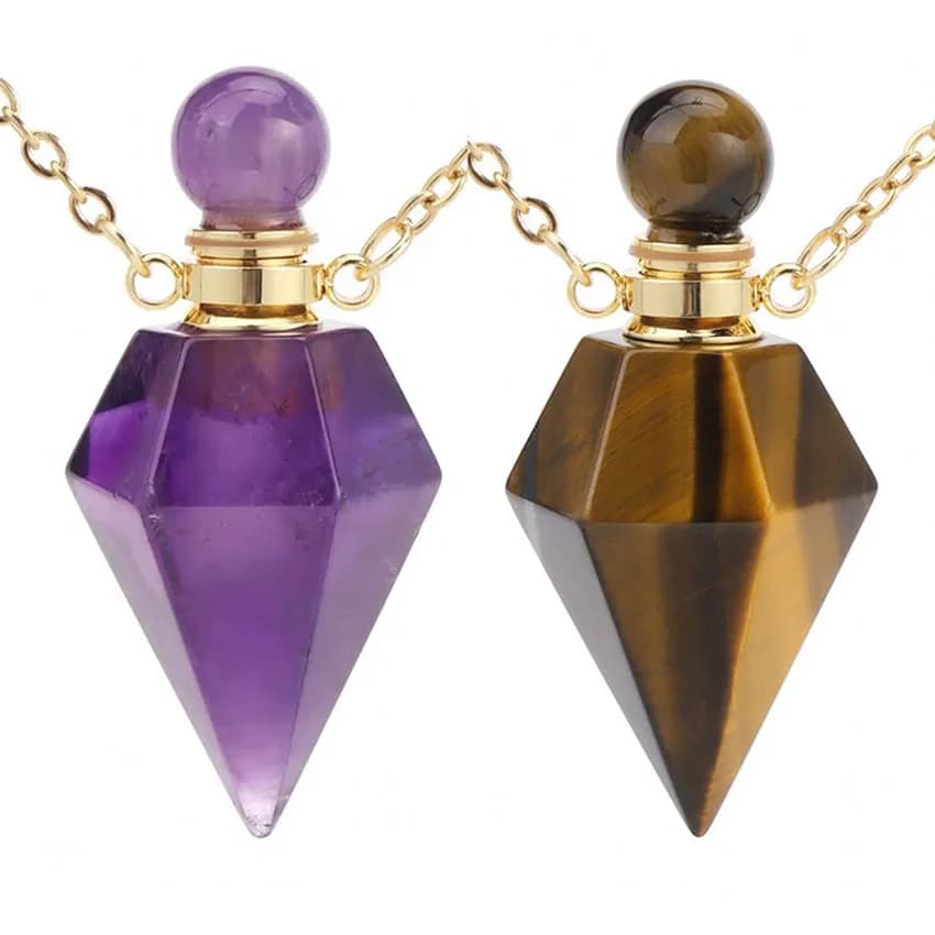Collana con ciondolo diffusore di profumo in pietra di cristallo naturale per donna, ametista, quarzo rosa, catena esagonale in acciaio inossidabile