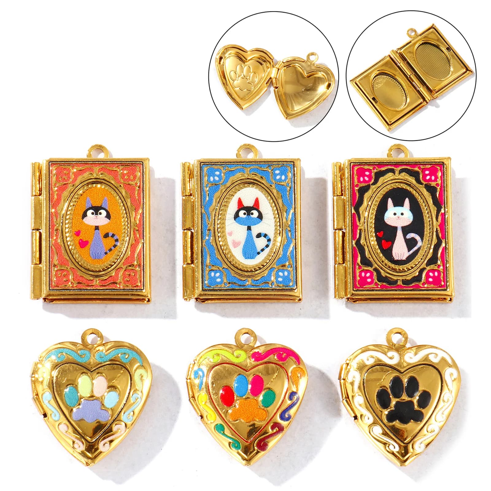 1 Pezzo Ciondolo Portafoto Commemorativo per Animali Domestici in Acciaio Inossidabile 304, Placcato Oro 18K, Smaltato, per Collana Fai da Te