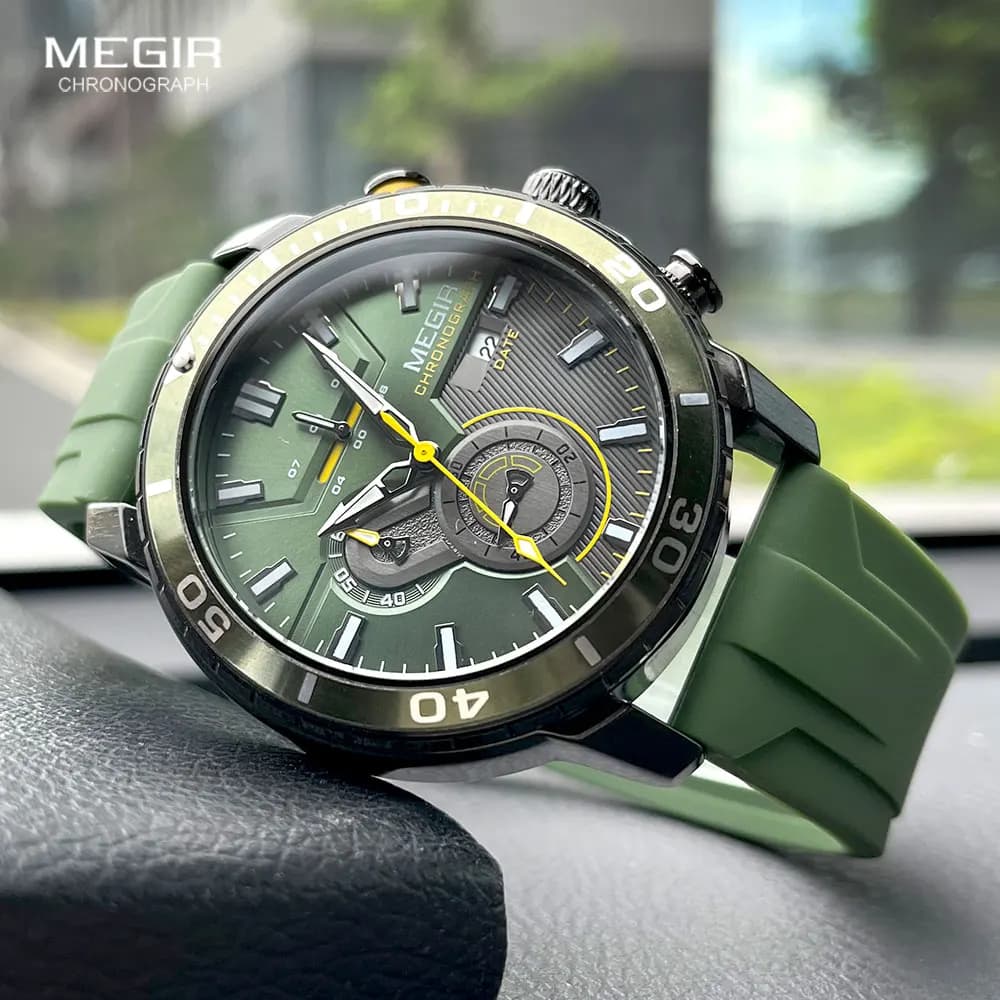 MEGIR Sport orologio al quarzo da uomo moda verde oliva cinturino in Silicone cronografo orologio da polso impermeabile con lancette luminose con data automatica