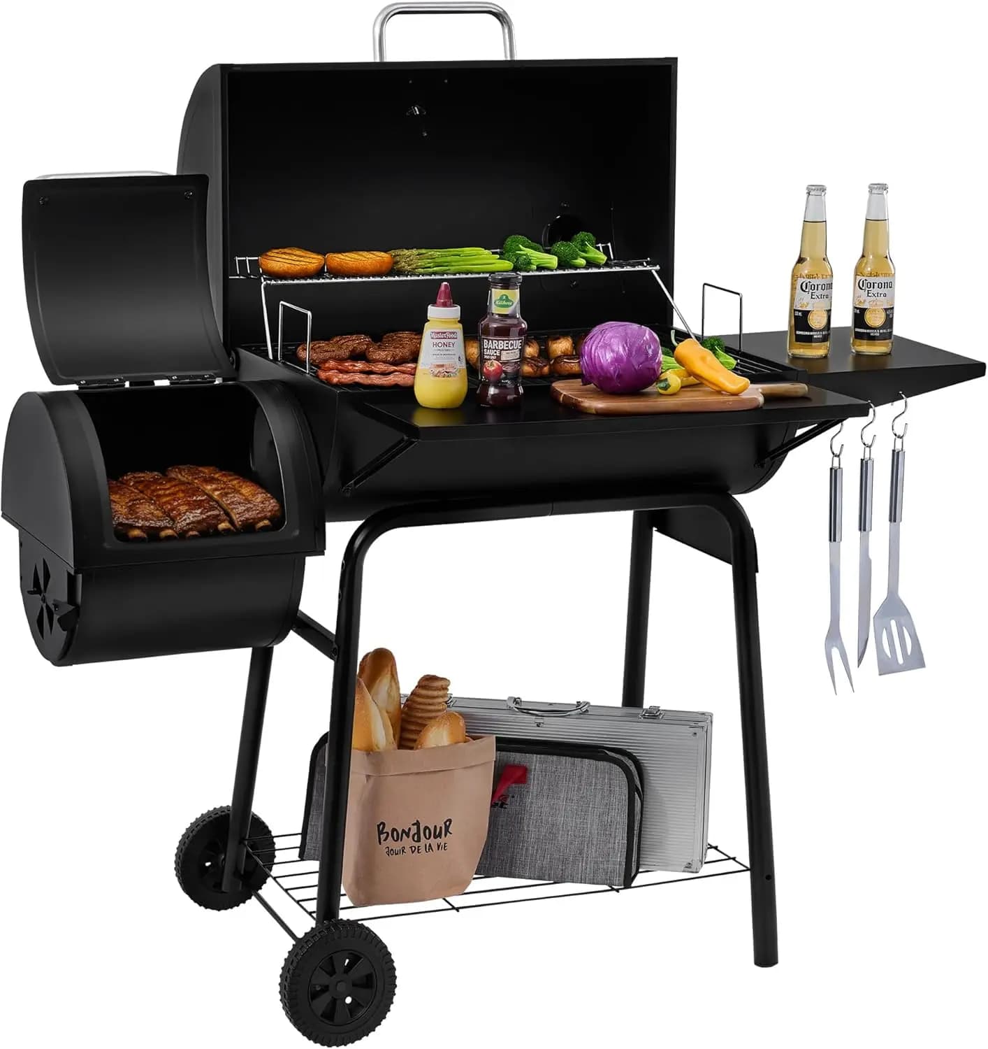 Large 823 Carbon Grid Square Poles with Offset Smoker, Adjustable Grid and Open Kitchen Thermometer