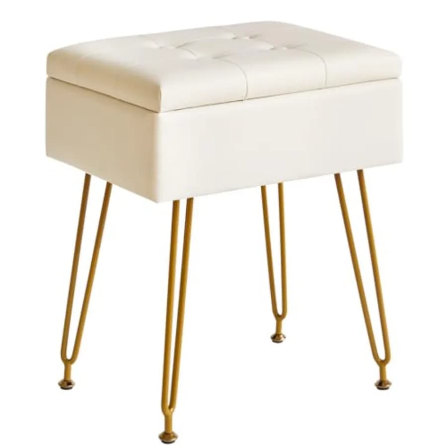 Sgabello Multifunzionale con Vano Portaoggetti, Piano Ribaltabile, Gambe Regolabili in Metallo e Pelle PU - Pouf Poggiapiedi 40x30x48cm