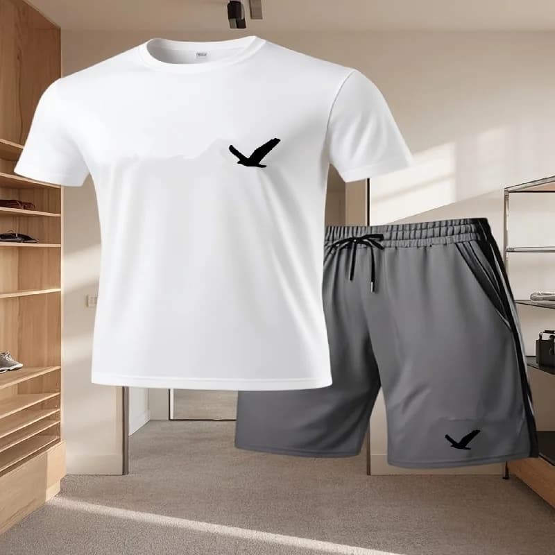 Set due pezzi casual da uomo con t-shirt e pantaloncini, set sportivo traspirante a maniche corte con scollo rotondo da uomo.