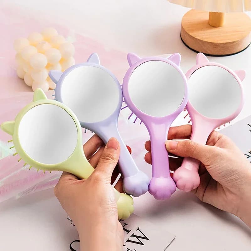 Mini spazzola per capelli airbag per massaggio con orecchie di gatto con specchio per il trucco pettine per parrucchiere per ragazze