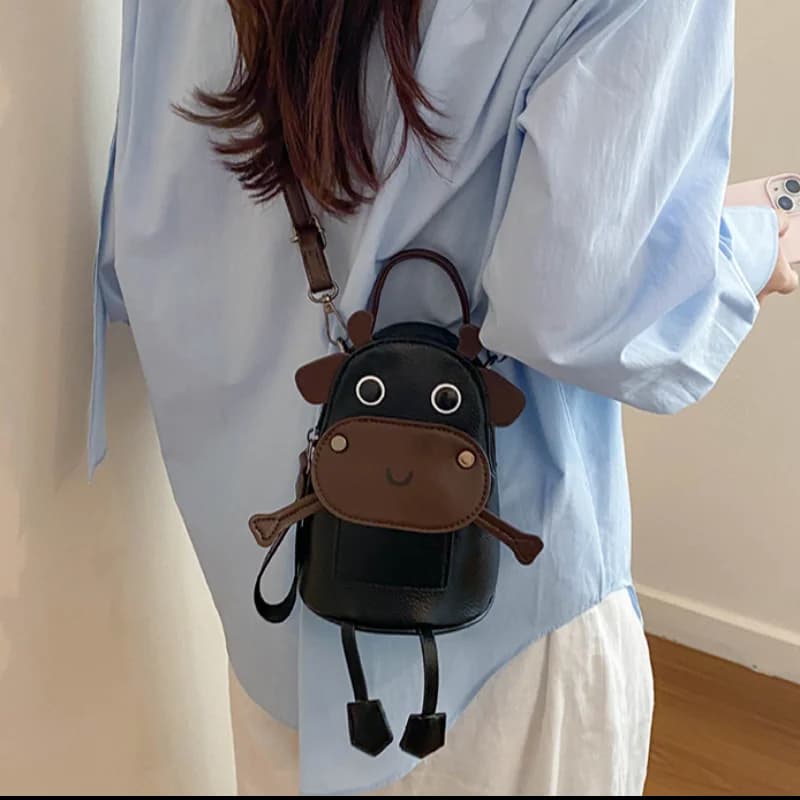 3D Animal Shape PU Crossbody Bag Cute Cartoon Cow Mini Handbag Zipper Closure Women Stylish Commute Shopping Travel Wallet Bag