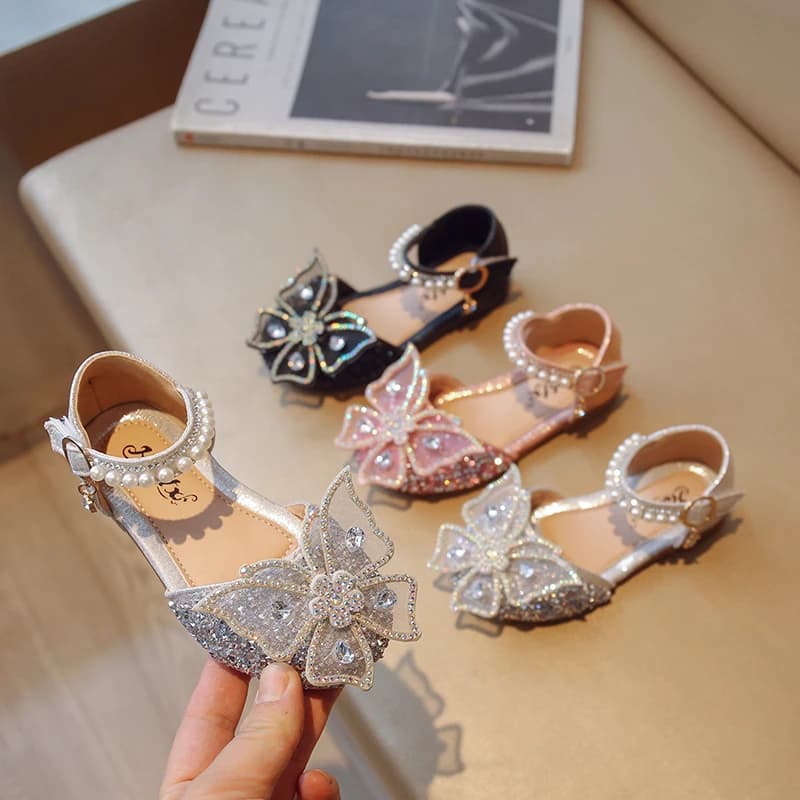 Sandali da principessa per bambina con strass Farfalla Perle Scarpe da ballo estive Scarpe da bambina con suola piatta con luccica lucida