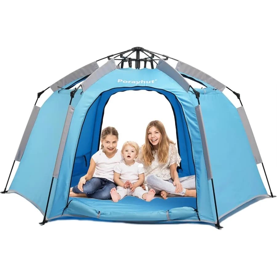 Tenda da gioco esagonale portatile con strisce luminose a LED Casa da gioco per interni Facile installazione Tenda spaziale per 4-5 persone Tenda da sogno per notte Rosa